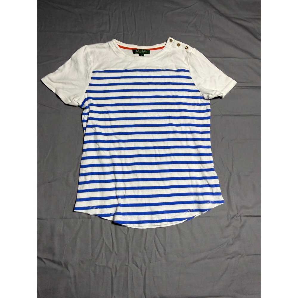 Lauren Ralph Lauren T-Shirt Women PL White Blue Good Striped Button Shoulder Top